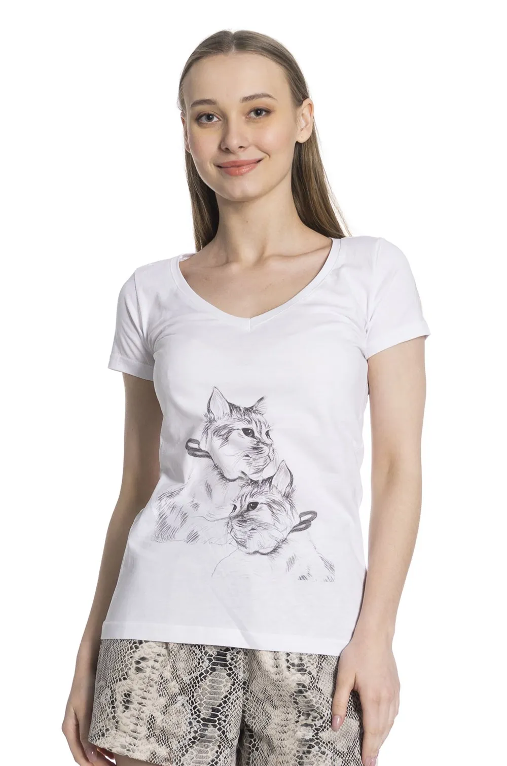 Белая женская футболка с V-образным вырезом и двойным улыбающимся принтом |