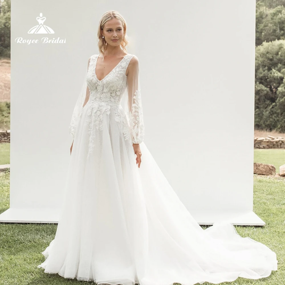 

Exquisite Full Lantern Sleeve Appliques Lace Ball Gown Wedding Dress 2022 Tulle Bridal Gown Backless Sweep V-neck Floor-Length