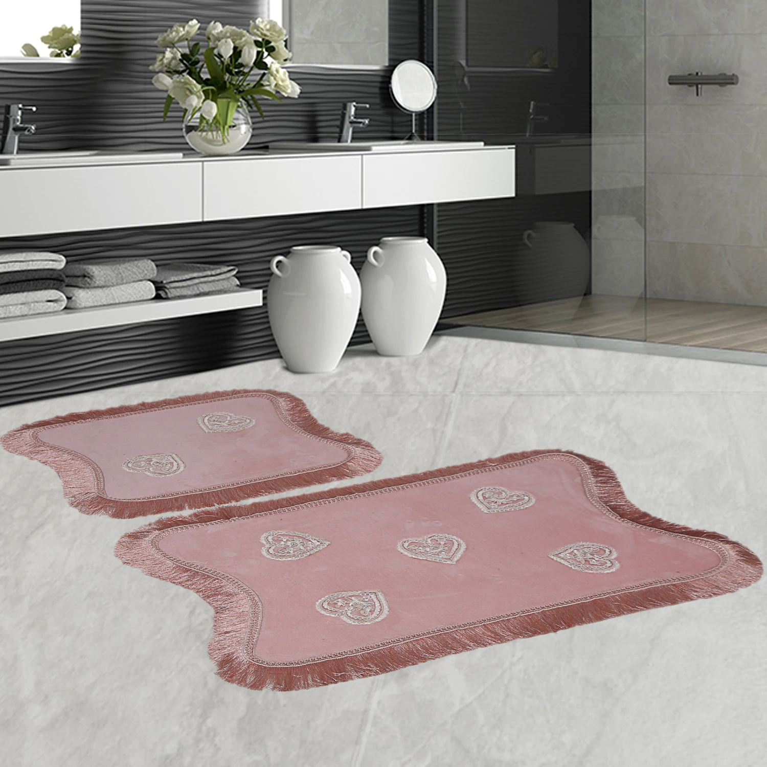 

Bonny Home Heart Laced Pink 2 Pieces Fringed Plush Bath Mat Non Slip Leather Based Machine Washable French Lacy Rug set