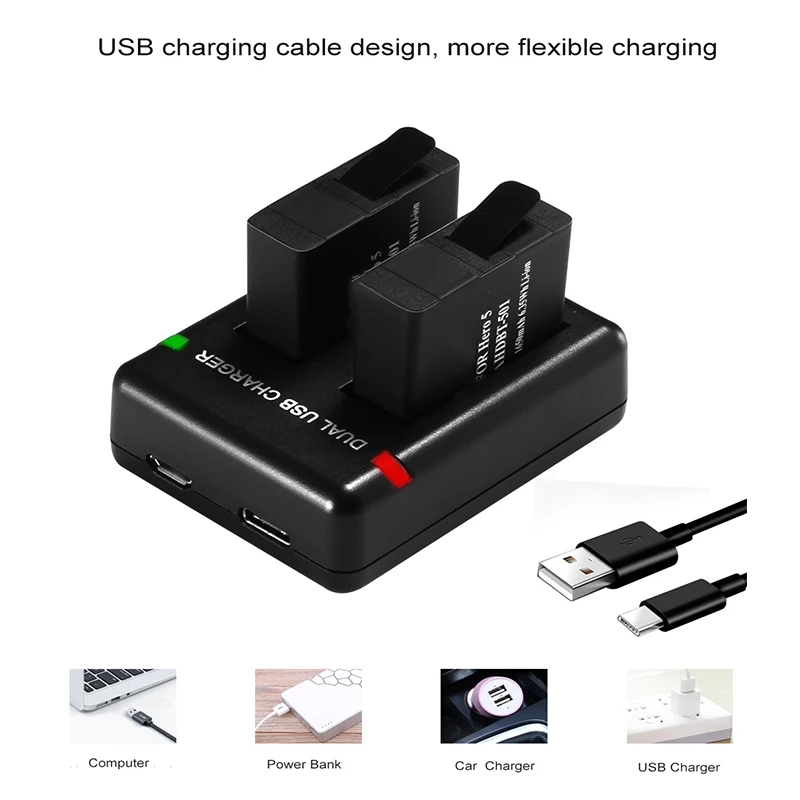 Зарядное устройство с двумя портами для GoPro Hero 8 7 6 5 черный usb-кабелем порта