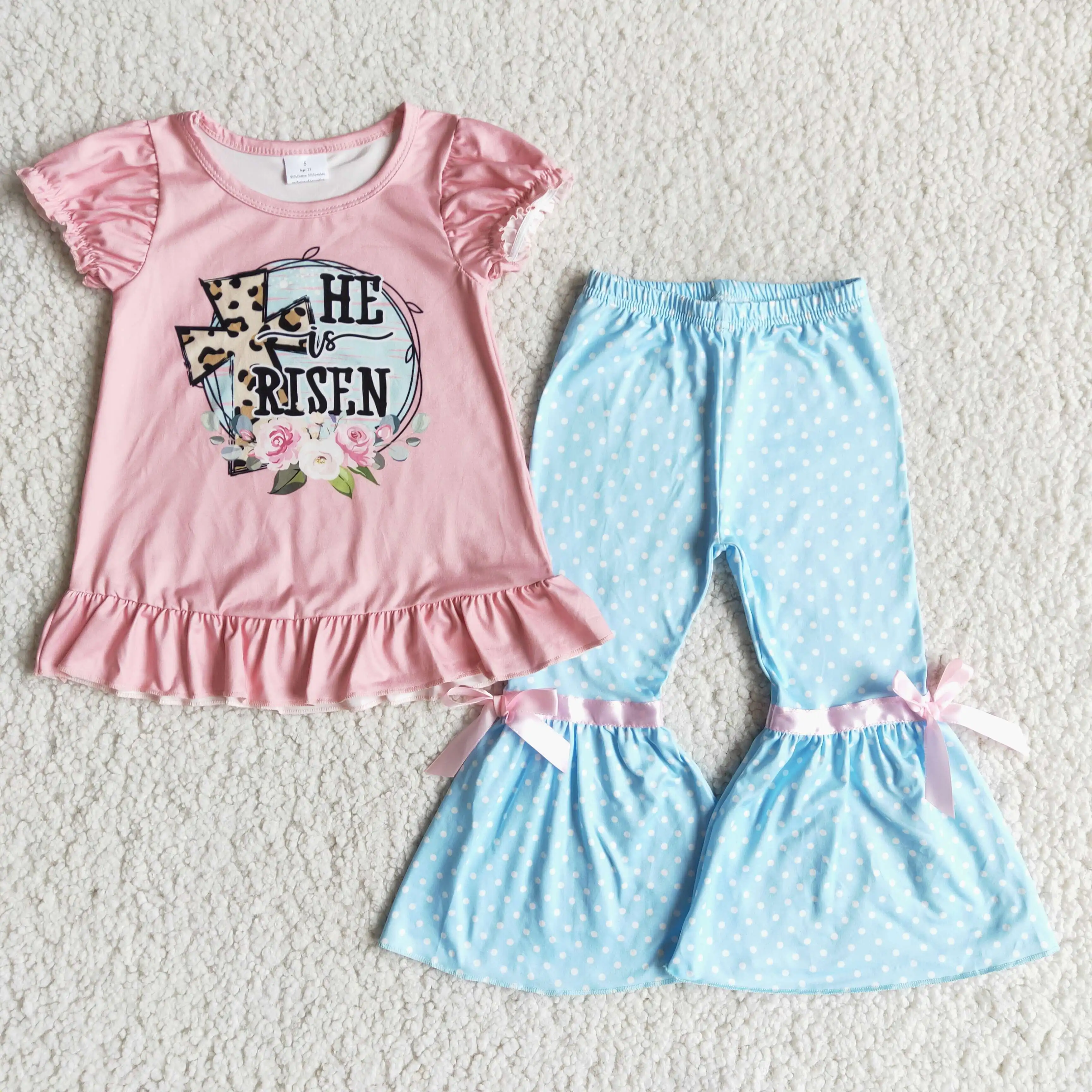 

Kids easter outfits he is risen pink short sleeves shirt blue dots bell pants new wholesale girls outfit set