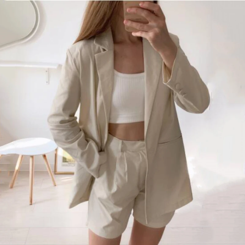 

Lolipomme 2022 Cotton Linen Suit Women Blazer Set Solid Color Office Lady Slim Single-Breasted Suit Outerwear V-Neck Blazer Set
