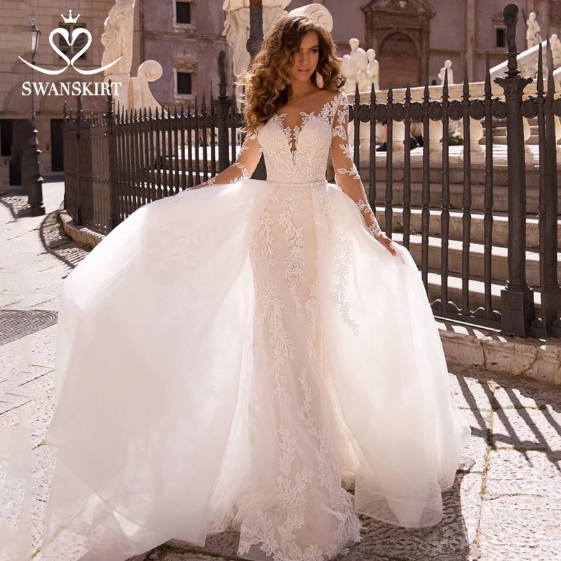 Шампанское Swanskirt Glamorous Long Sleeve Detachable Train Wedding Dress Luxury Beaded Scoop Princess Bride Gown Robe De Mariage LZ09 - Цвет: Шампанское