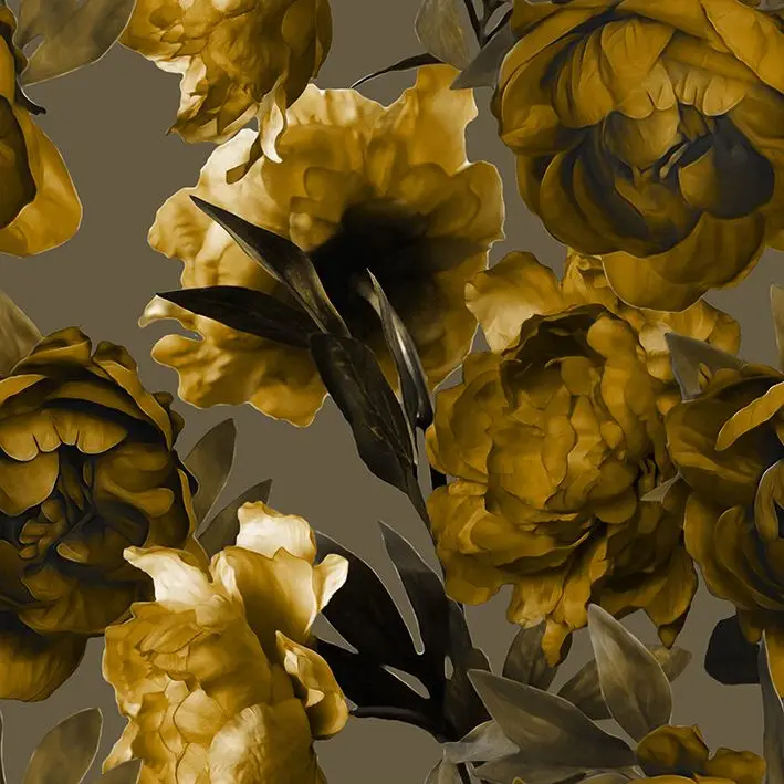 

Curtain Gold Peonies on Dark Olive Grey Background Vintage Monochrome Floral Watercolor Art Printed