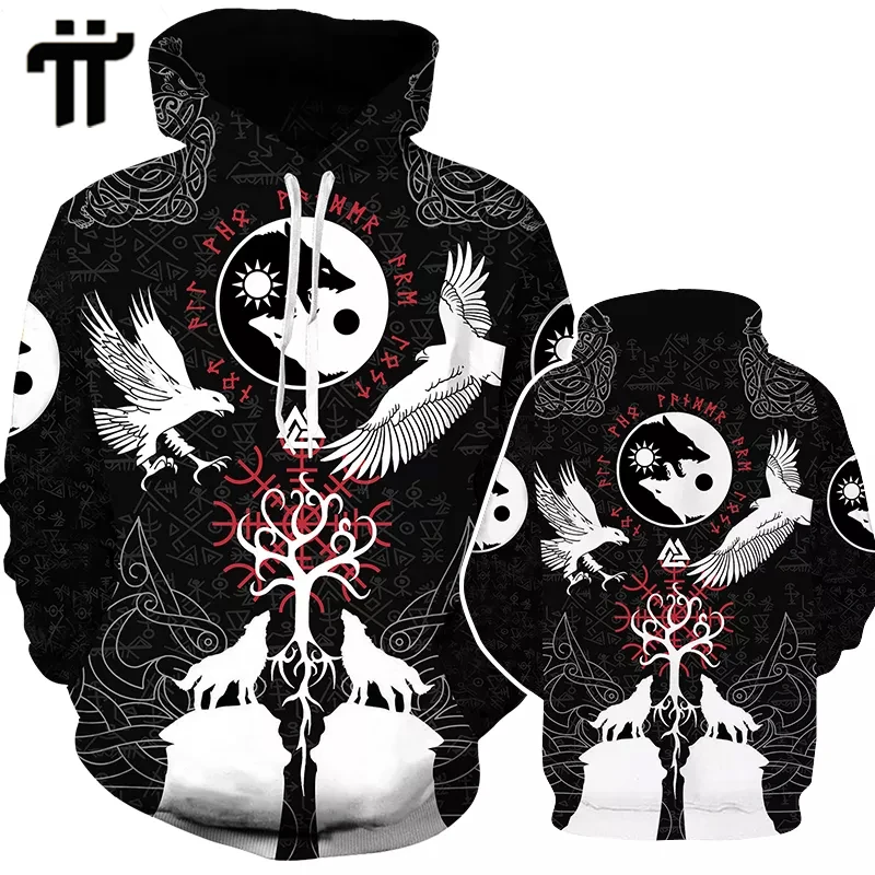 

Men Hoodie Viking Raven Munin Tattoo All-Over 3D Print Sweatshirt Harajuku Cool Hoody Pullover Clothe Casual Popular 2 Piece Set