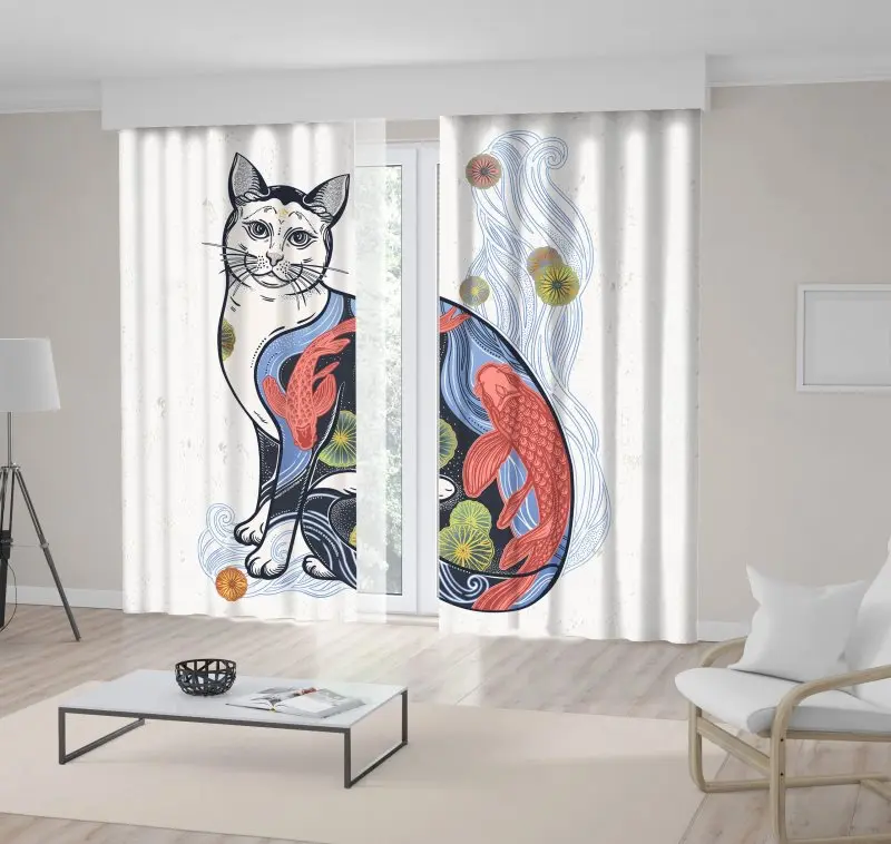 

Curtain Happy Japanese Cat Festivale Traditional Art with Flowers and Fish Symbol Harmony of Black Yellow Red Blue