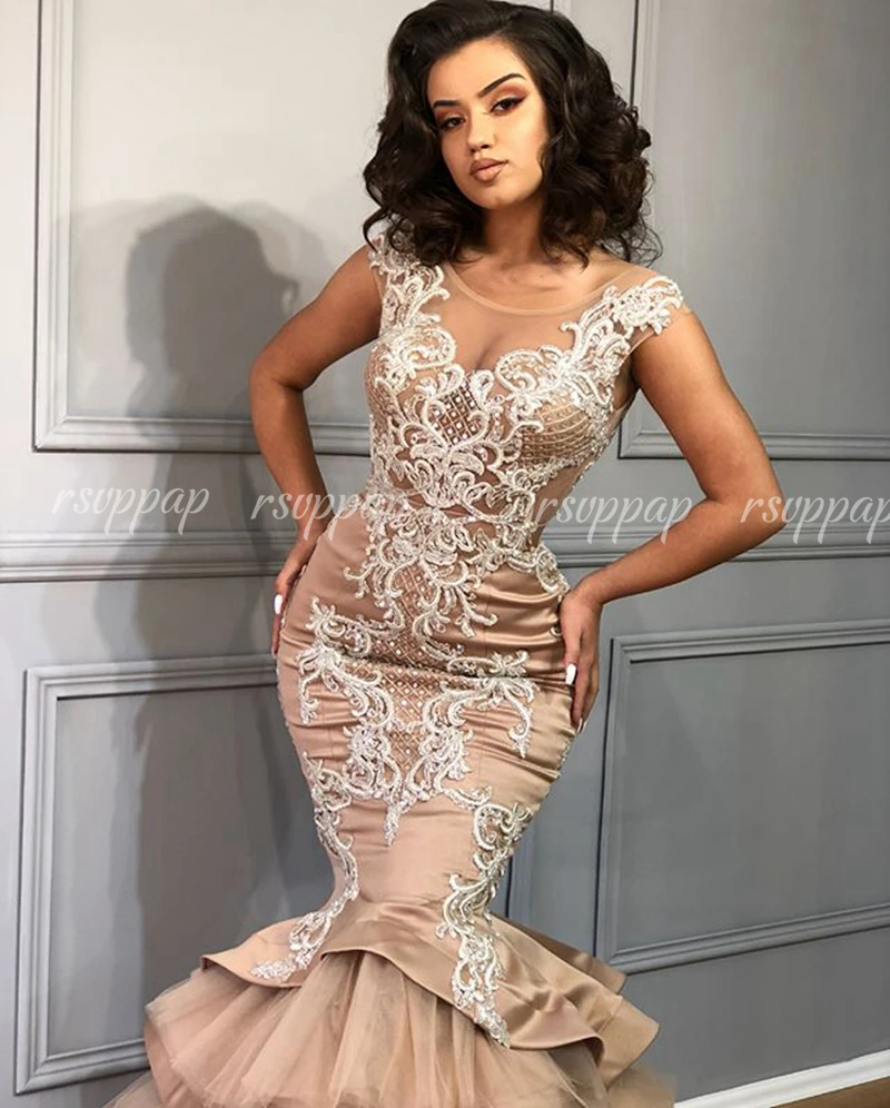 

Long Mermaid Evening Dress 2020 Sexy Scalloped Neckline Beaded Lace Ruffles Arabic Dubai Formal Party Gowns