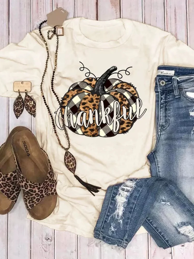 

Leopard Printed Splicing Thankful Pumpkin T-Shirt Summer New Short Sleeve Print Women's Street Personality Trend Wild Top