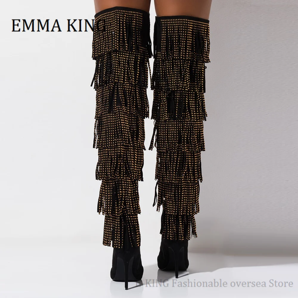 Женские сапоги выше колена с кисточками пикантные до бедра острым носком и