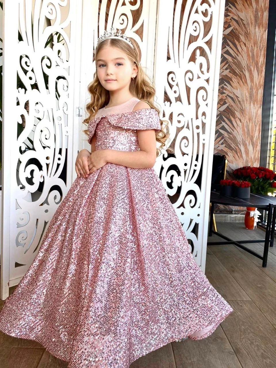 

CHILDREN'S EVENING DRESS WITH FLOORING, SEQUIN EMBROIDERED BRIDGE 2 DIFFERENT COLORS OPTIONS GOLD PINK SIZE OPTIONS BETWEEN 4-12