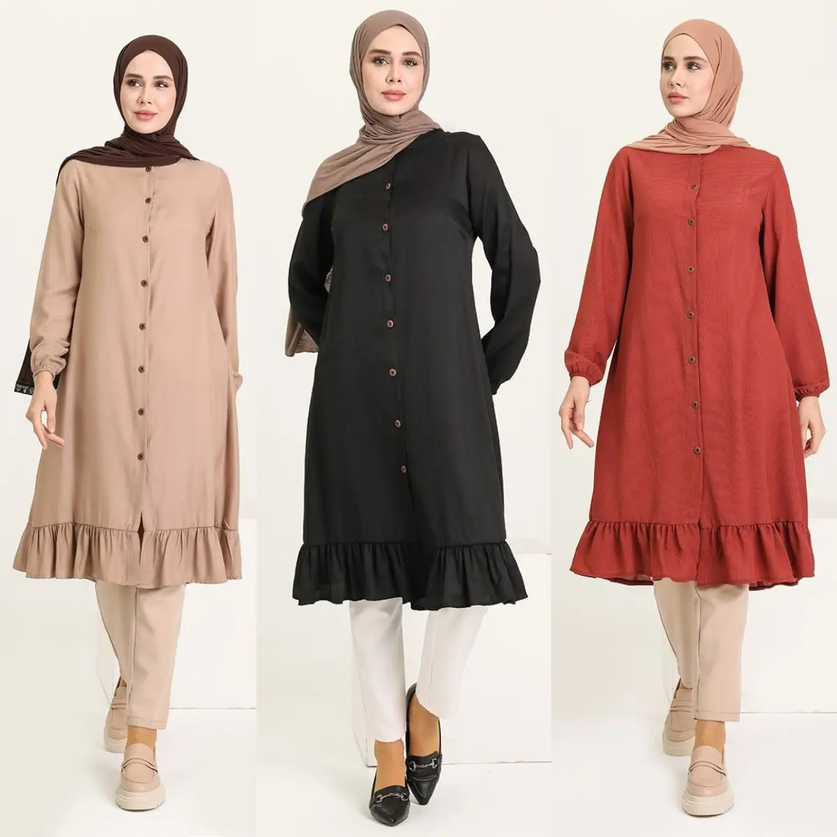 

Pleated Tunic Buttoned Long Sleeve Crew Neck Unlined Seasonal Women's Dress Daily Hijab Clothing Muslim Fashion Turkey Islamic