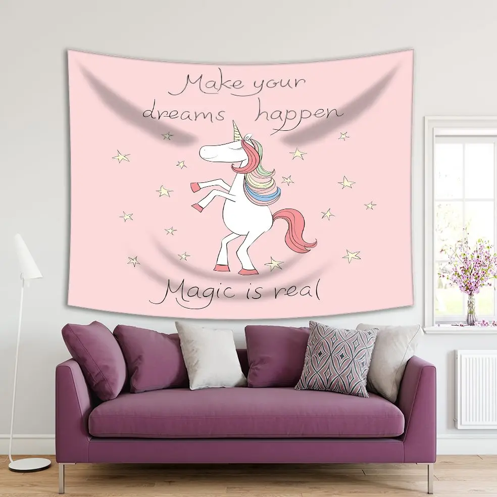 

Tapestry Make Your Dream Happen Magic Is Real "Stylish Unicorn Stars and Hand Written Text Fun Pink Black white Art kids