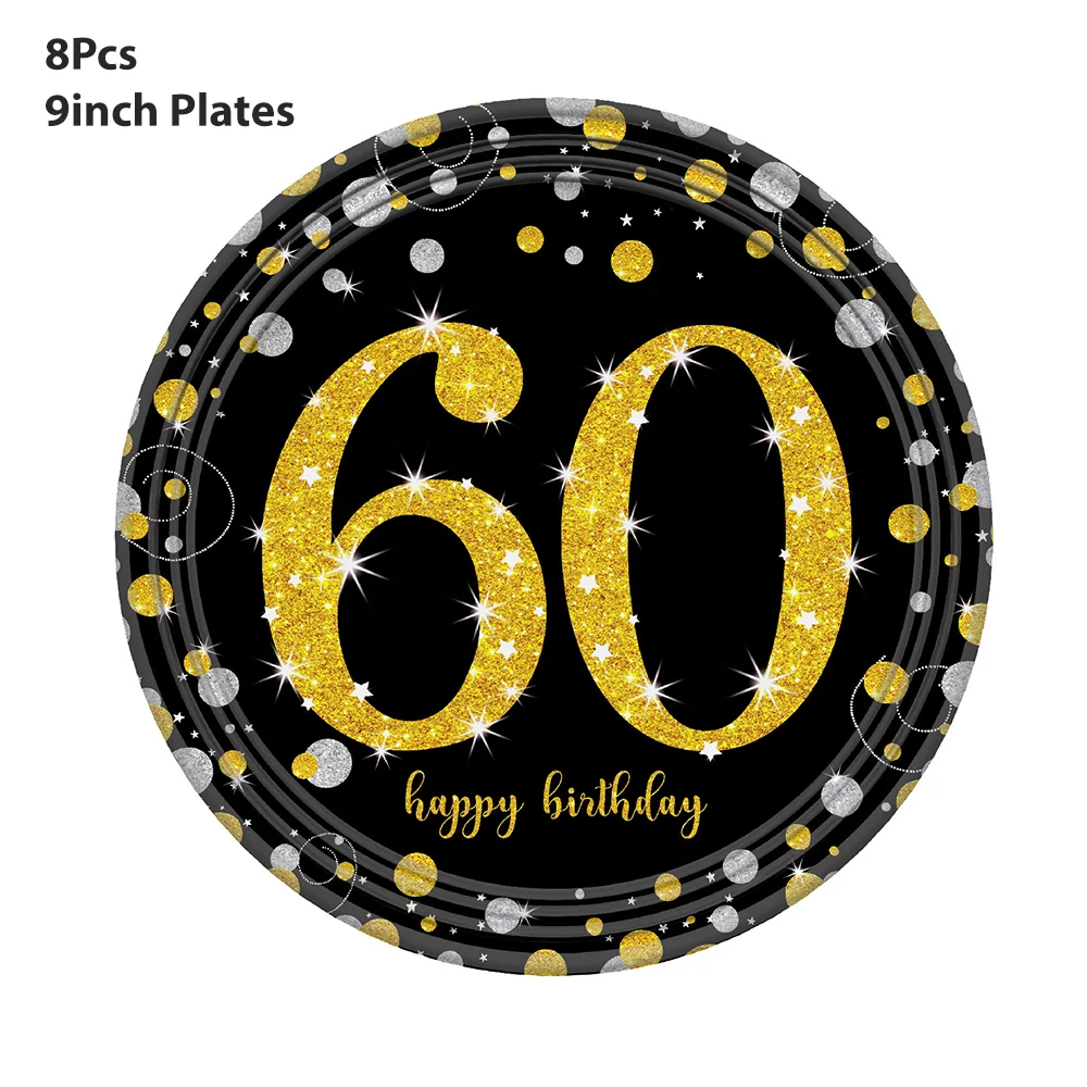 60th Birthday Disposable Tableware Set Black Gold Plates Cup Banner Tissue for Adult 60 Years Party Decoration Supplies |