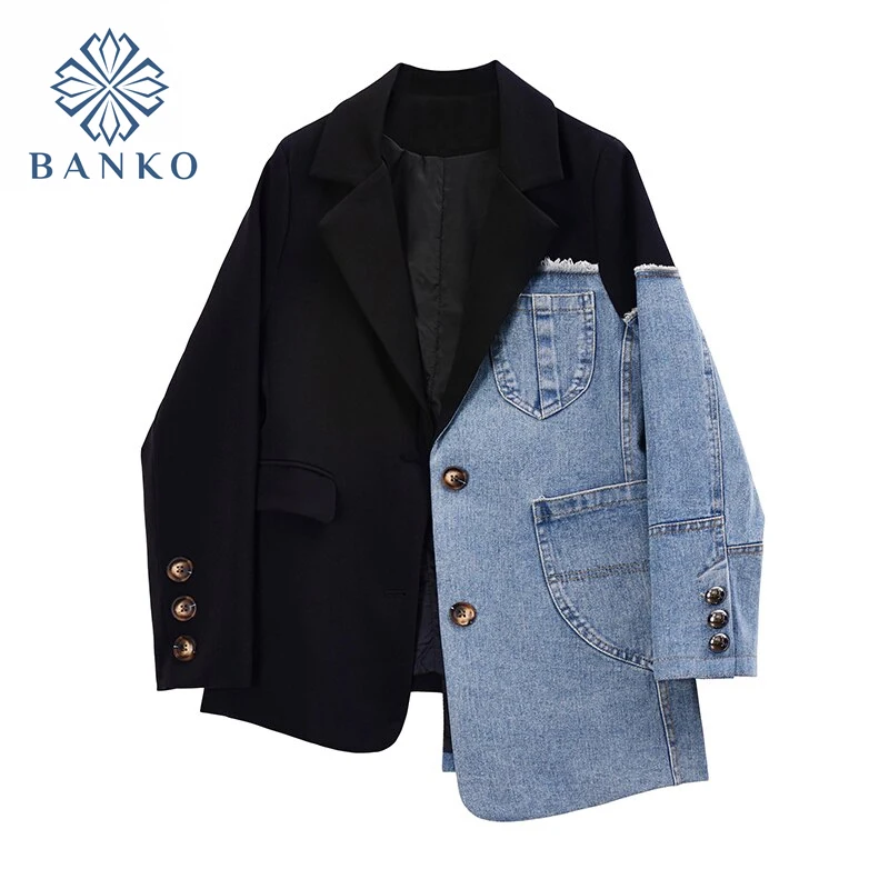 

Women Vintage Fashion Blazer Denim Patchwork Jackets 2020 Autumn Winter Irregular Coat Women Long Sleeve Loose Korean Outerwear