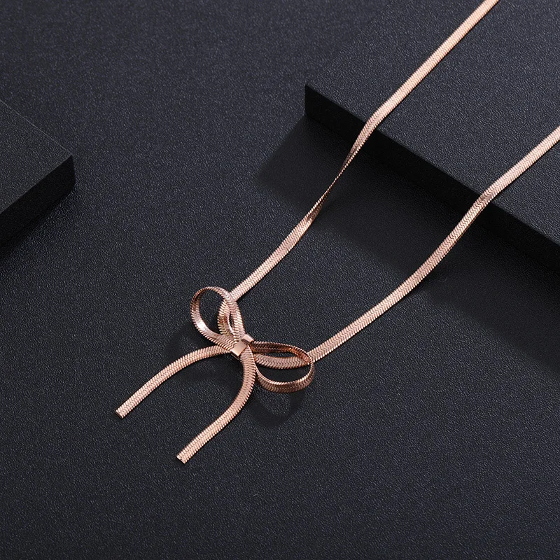 Плоская цепочка из нержавеющей стали со змеиным звеном ожерелье с бантом розовое