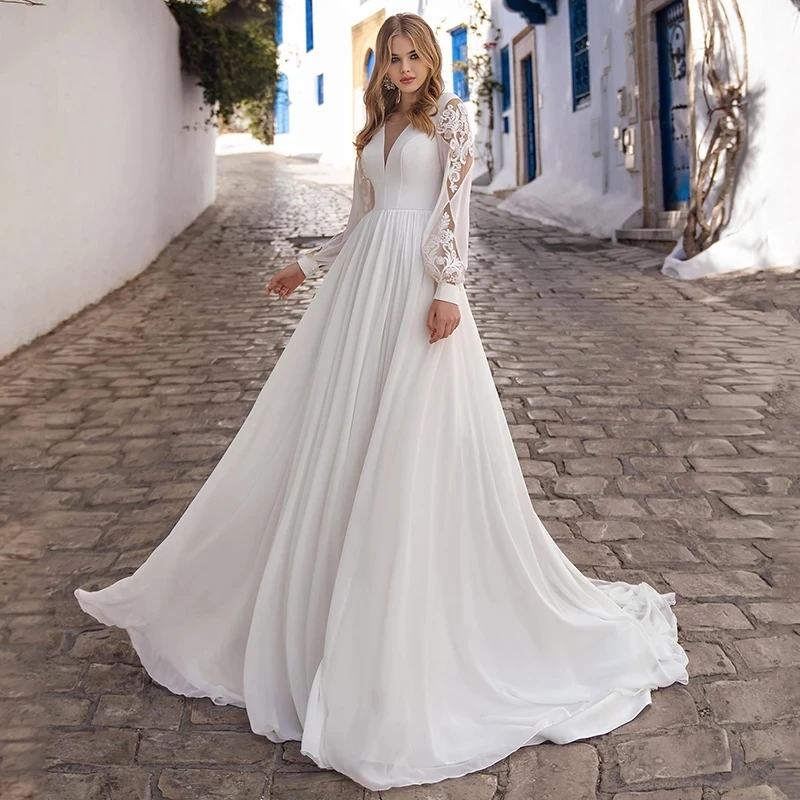 

Long Sleeves Chiffon Outdoor Wedding Dress Lace Up 2021 Bohemian Beach Photos Rustic Maxi Elegant Cutout Applique Bridal Gowns