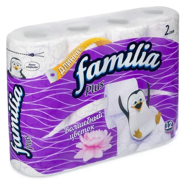 Туалетная бумага FAMILIA PLUS 2 слоя 12 рулонов Волшебный цветок|Бумажные столовые