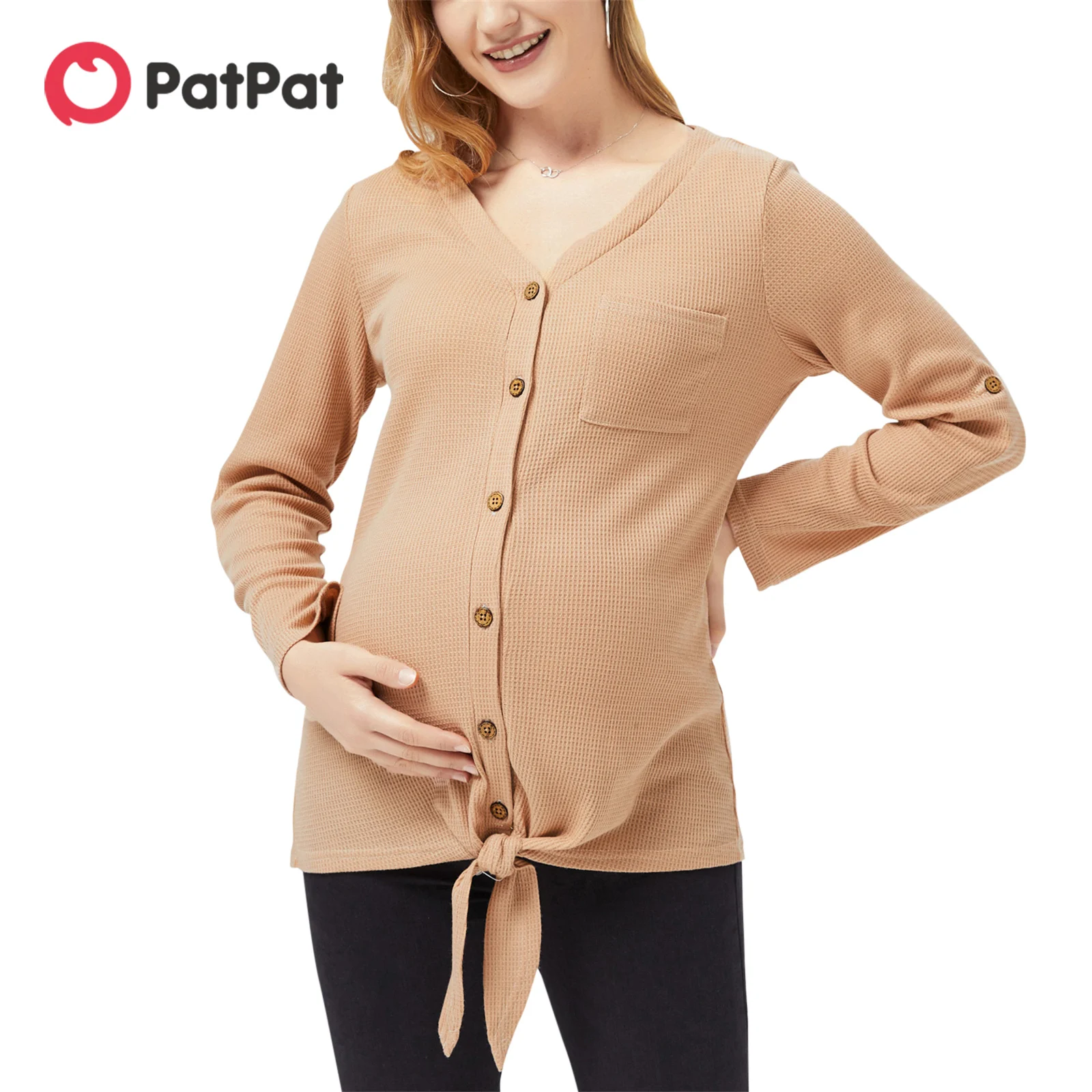 

PatPat Nursing Patch Pocket Knot Hem Long-sleeve Button Placket Tee