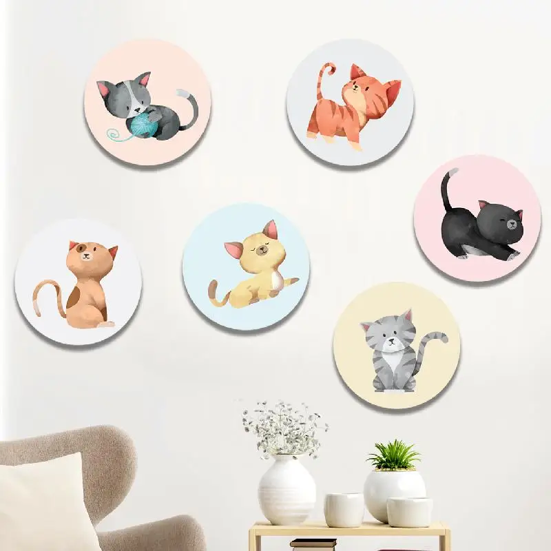 

Cute Cat 6 piece Wooden Sticker Wall Set Kids Room Wall Decoration Wooden Wall Decor Scandinavian Style Montessori Decor