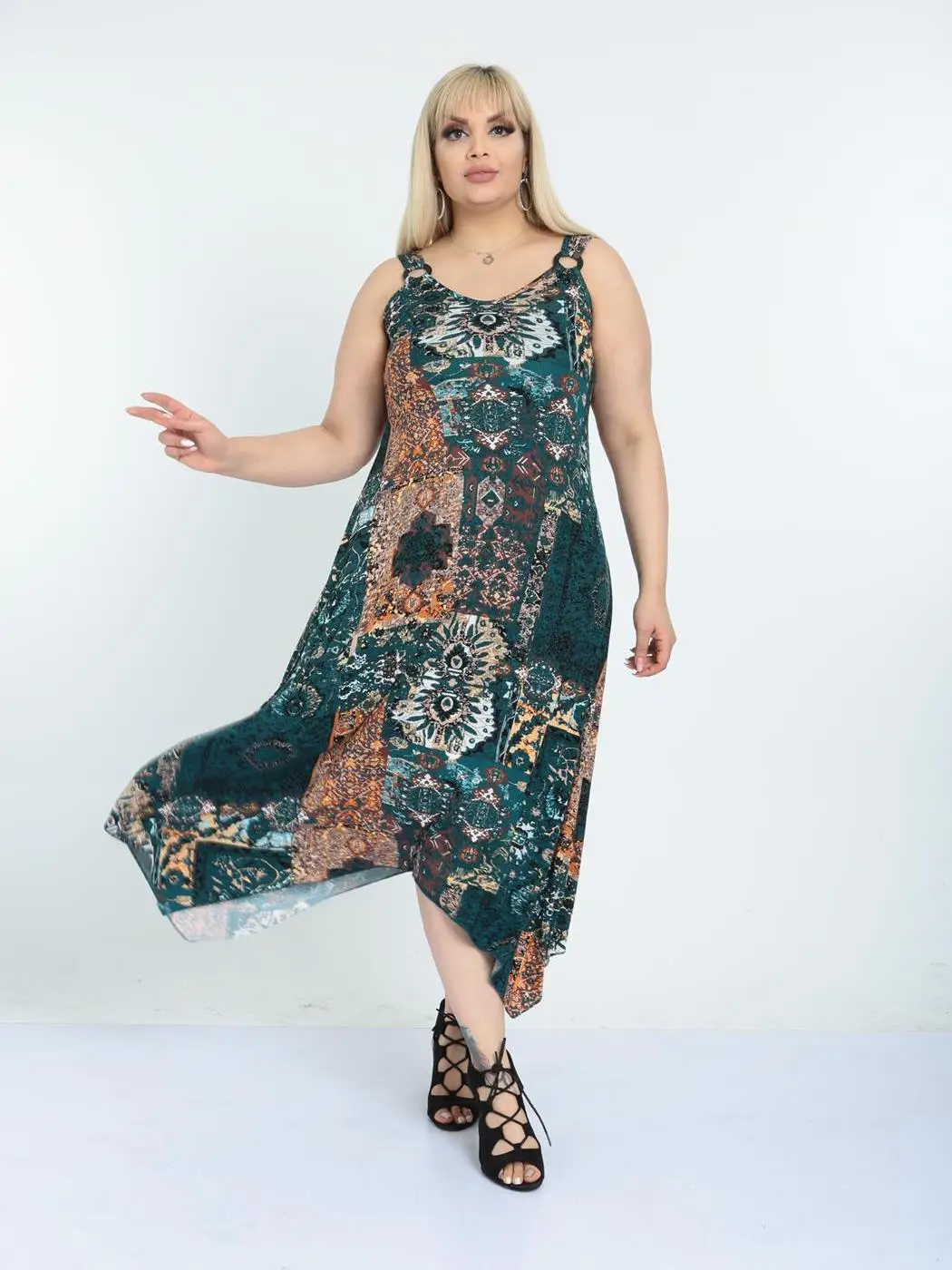 

Plus Size Women Clothing 2022 Asymmetrical Sleeveless Dress Green Ethnic Ankle-Length Lycra Knitted Viscose Made in Turkey