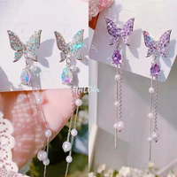 korean purple crystal butterfly drop earring for women new fashion imitation pearl tassel chain rhinestone earring jewelry gift