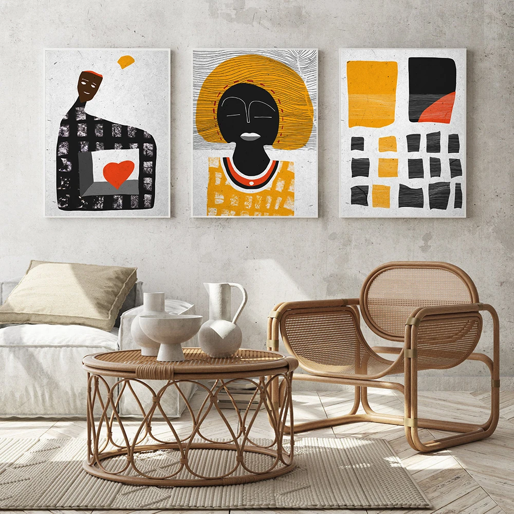

African Female Portraits Poster Abstract Red Heart Canvas Painting Boho Ethnic Art Print Fashion Wall Picture Living Room Decor