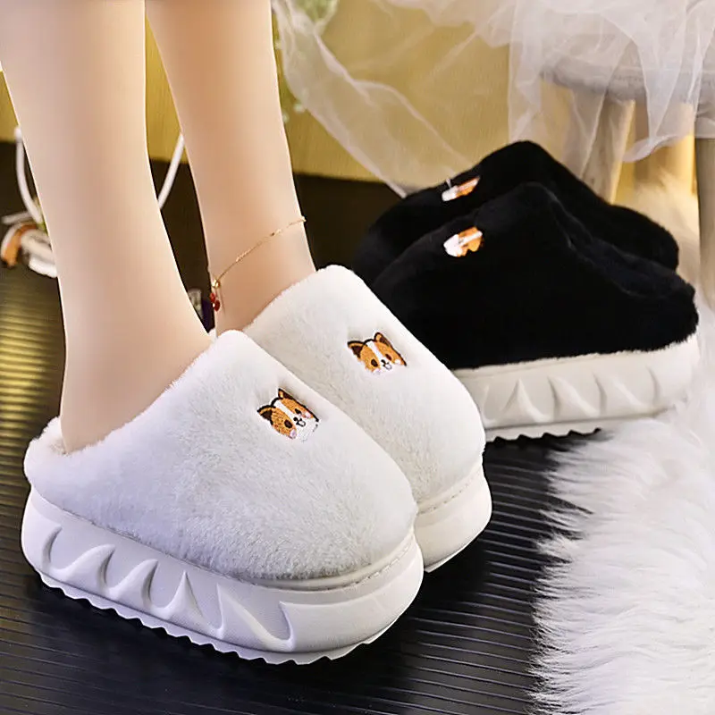 

White Shiba Inu Slipper Women Winter Fluffy Home Shoes Girls Pink Chunky Flip Flops Black Mules Shoes Female Platform Fur Slides