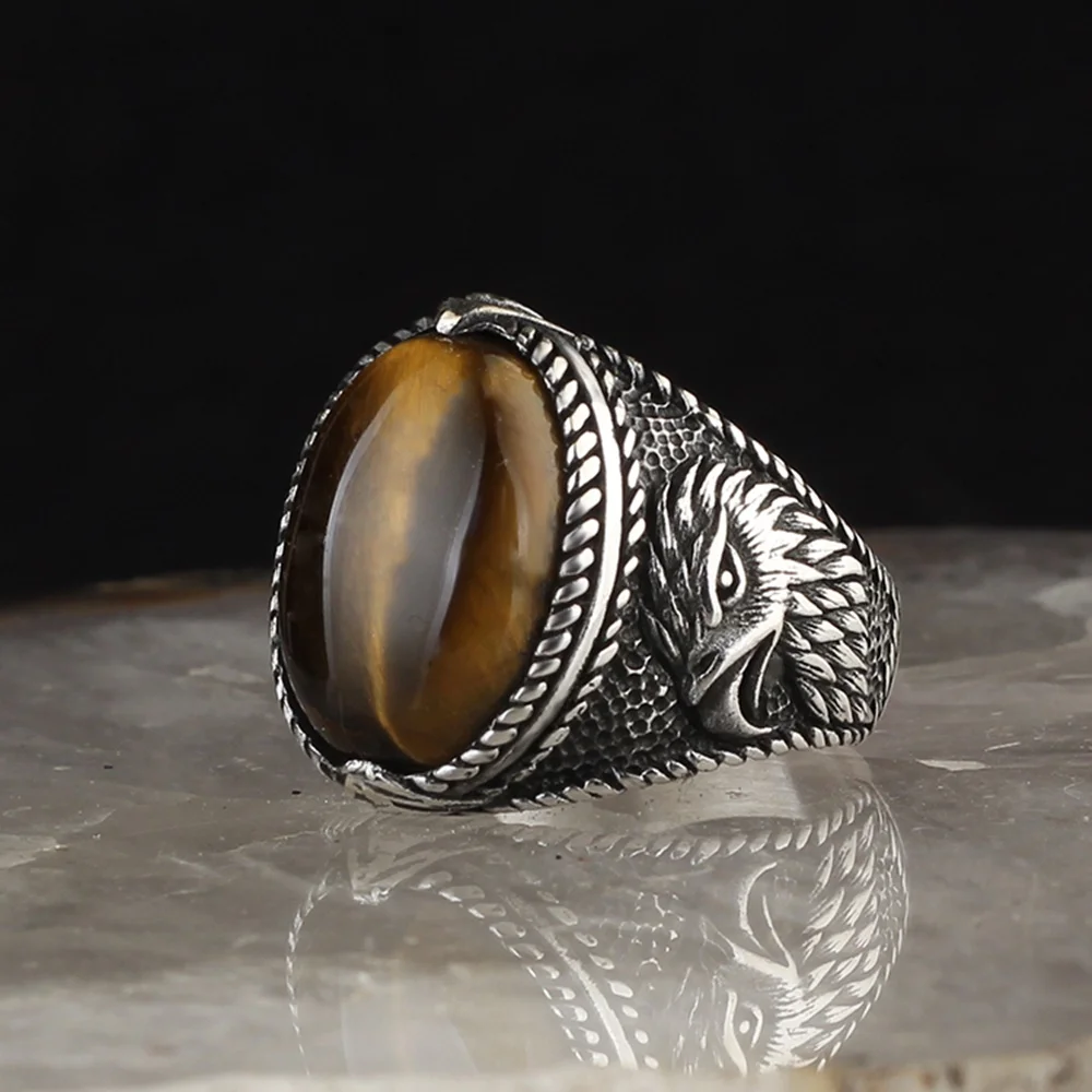

Men's Ring Eagle Motif 925 Sterling Silver Turkish Handmade Jewelry Tiger Eye's All Size