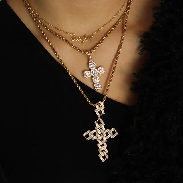 Роскошное длинное ожерелье в стиле хип-хоп широкое тяжелое с подвеской крестом