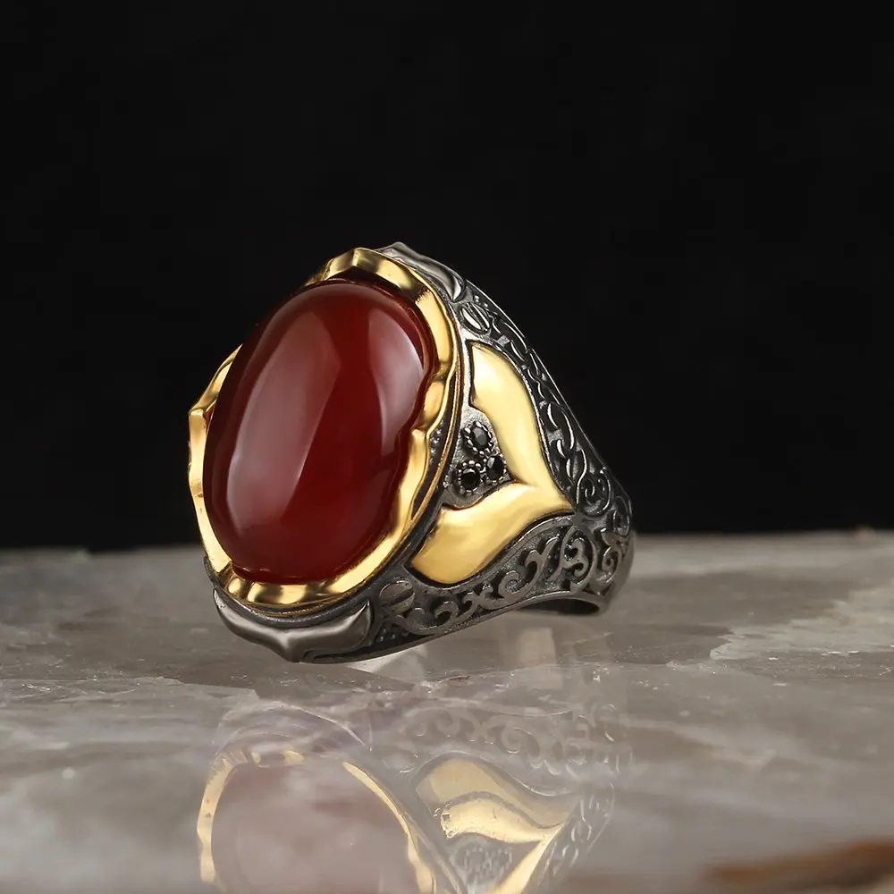 

Мужское кольцо из серебра 925 пробы с красным агатом, Сделано в Турции, кольцо Runningin с покрытием, стандартное серебро, подарки для мужчин