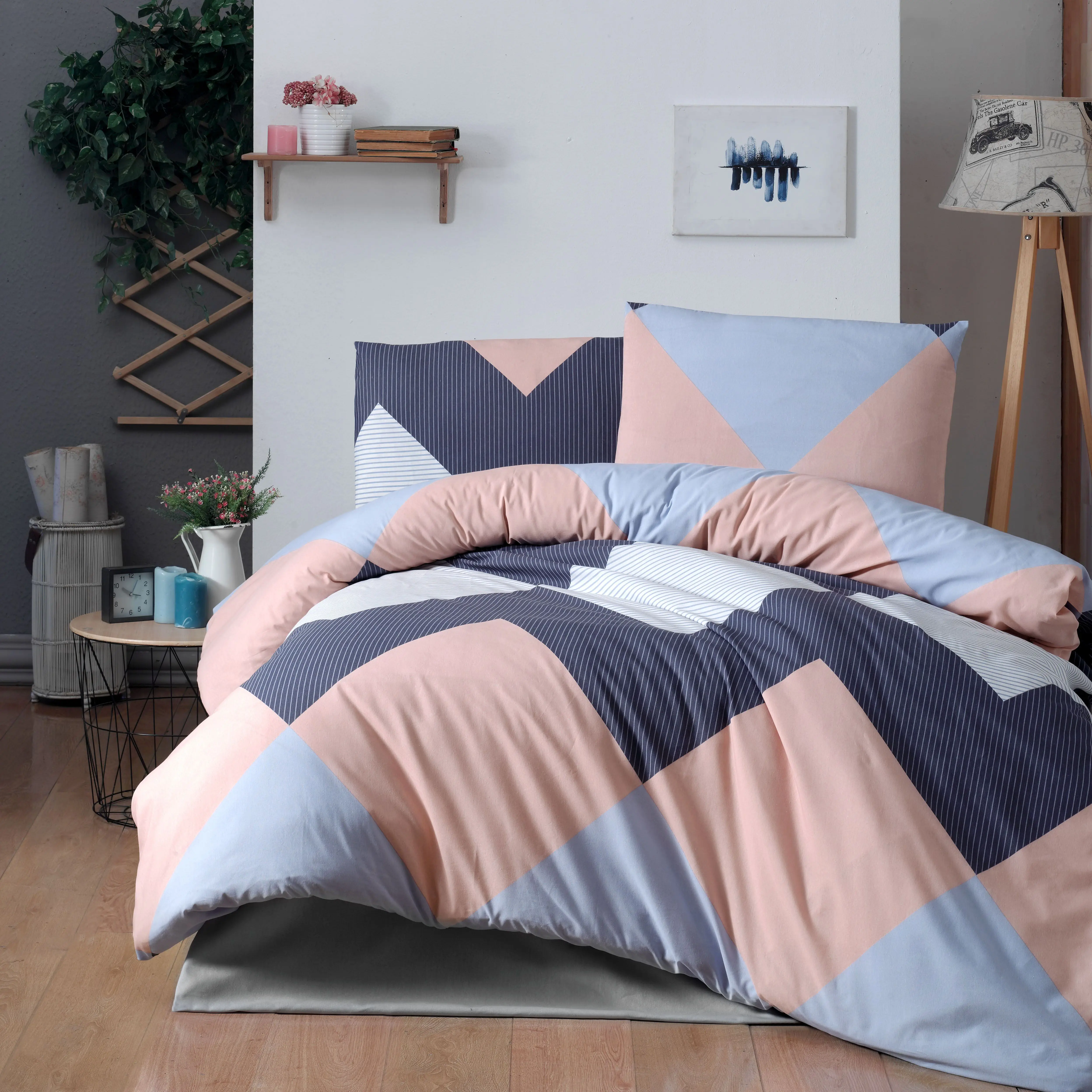

Duvet Cover Set Pink and Gray, Organic, Cotton, Stone Wash, No Ironing Required, Jacquard Bedding Set, Queen Duvet Cover Set,