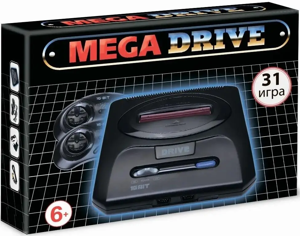 Игровая приставка 16 bit Mega Drive Classic (31 в 1) + 31 встроенная игра 2 геймпада (Черная) -