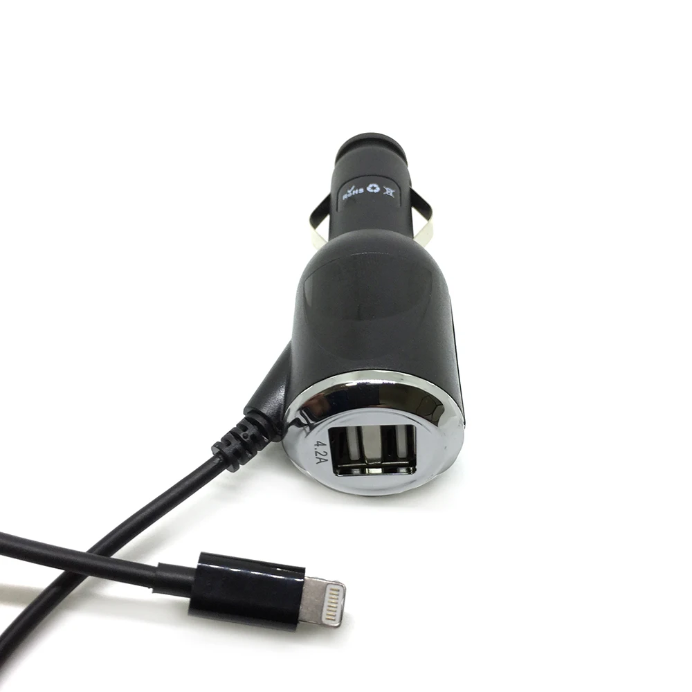 Автомобильное зарядное устройство вход DC 12 24V выход 2xUSB + lightning 5V 4200mA кабель 1 1м