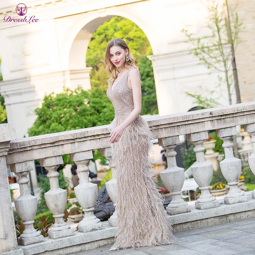 DressbLee Khaki Mermaid Banquet Dress V-neck Dress Full Beaded Crystal and Feather Long Dress Backless Sexy Formal Prom Dress