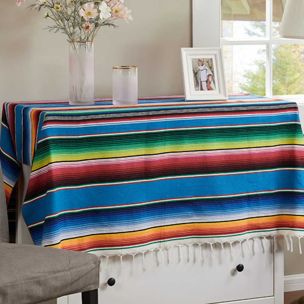 

Mexican Style Rainbow Striped Tablecloth 100% Cotton Table Flag Table Decoration Colorful Tablecloth for Home and Outdoor Picnic
