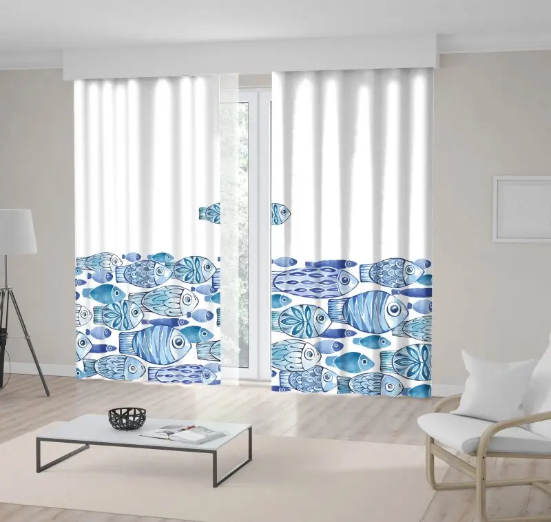

Curtain Fishes Swimmimg to Same Direction in Sea Underwater Wild Nature Cartoon Art Blue White