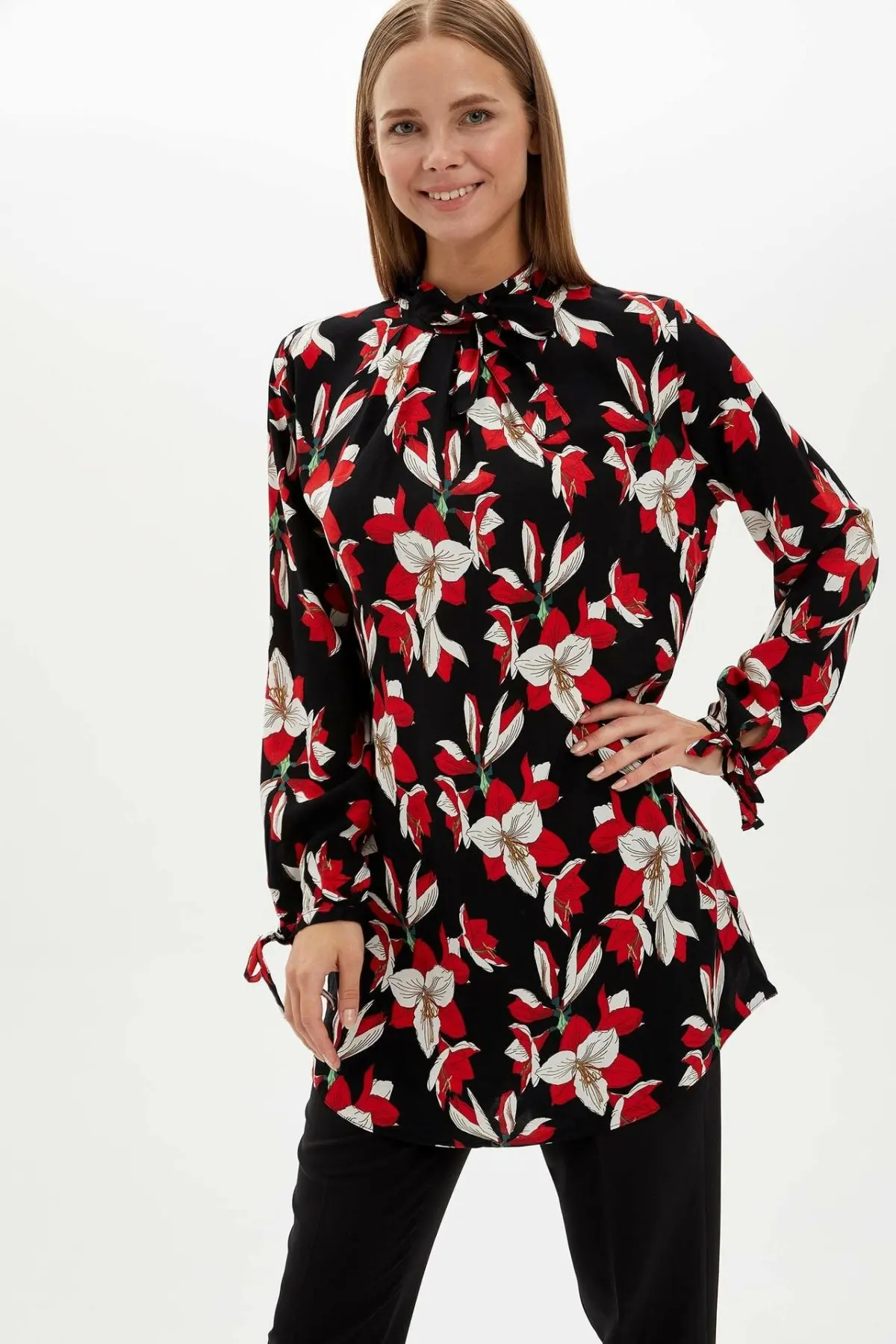 DeFacto женская элегантная Осенняя длинная шифоновая блузка с цветочным принтом