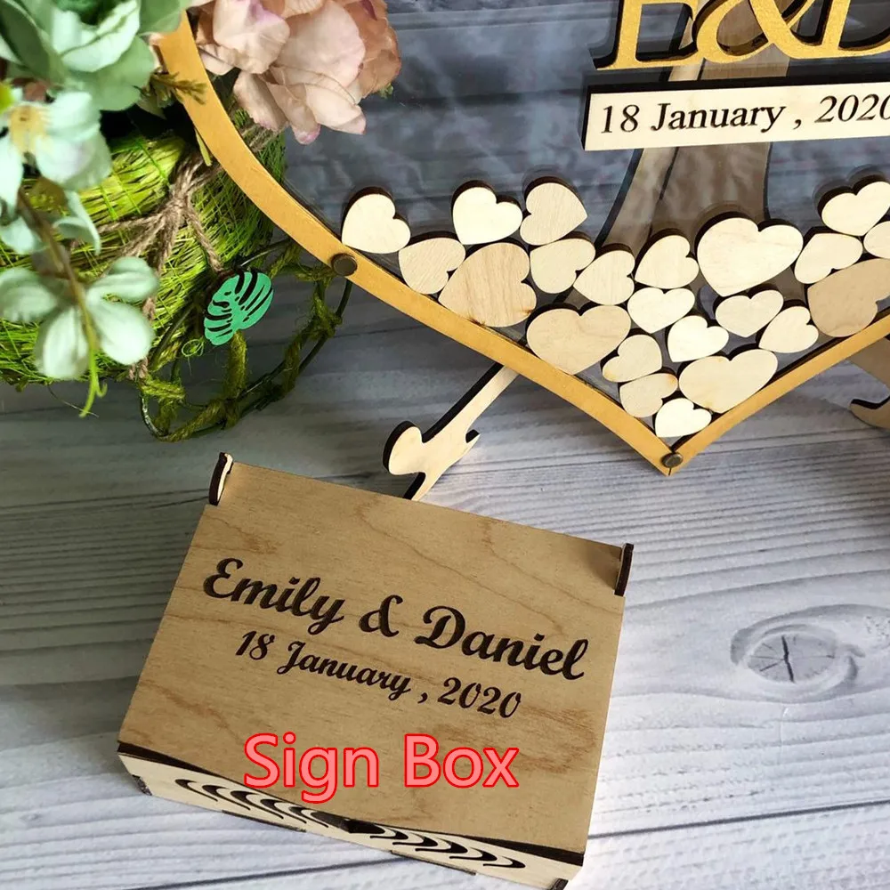 

Custom Golden Hearts Wedding Decoration Rustic Wedding Guest book Wishes Bank Hearts wooden box wish box 3D Guest book