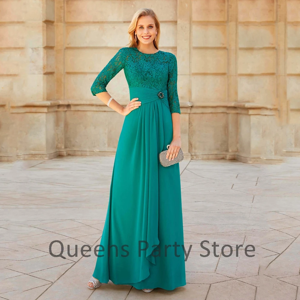 

Зеленое кружевное платье для матери невесты с рукавом три четверти и круглым вырезом, плиссированные шифоновые вечерние платья а-силуэта для матери жениха