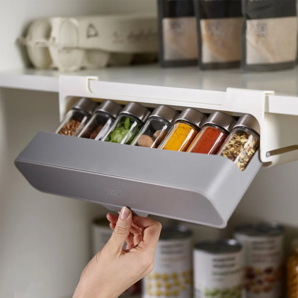 

Home Kitchen Self-adhesive Wall-mounted Under-Shelf Spice Organizer Spice Bottle Storage Rack Kitchen Supplies Storage In Stock