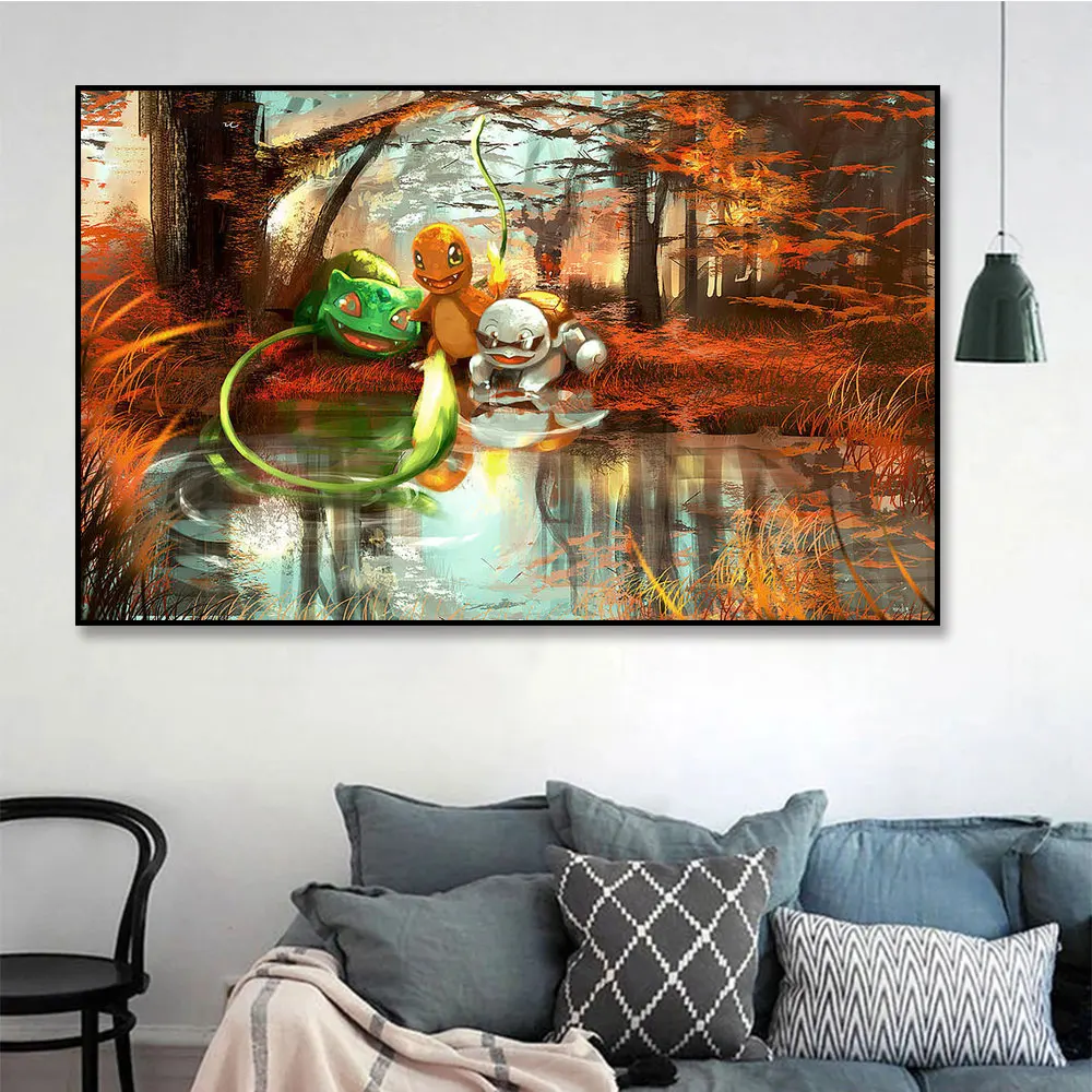 

Canvas Painting Pokemon Japanese Classic Anime Posters Wall Art Maple Leaf Lake Prints Pictures For Living Room Home Decoration