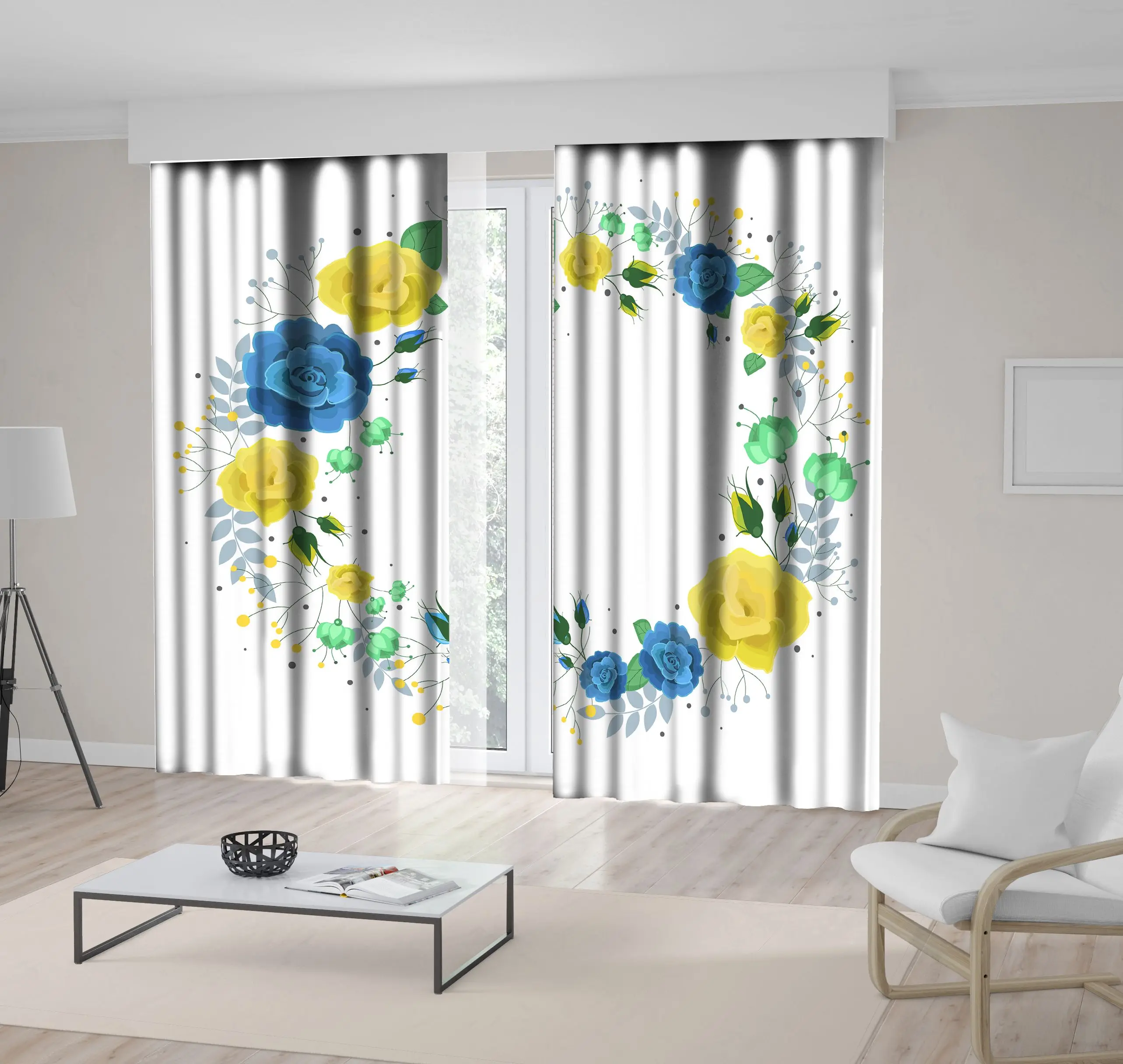 

Curtain Flowers Leaves Blossoms Floral Wreath Summer Love Celebration Theme Art Printed Blue Yellow Green