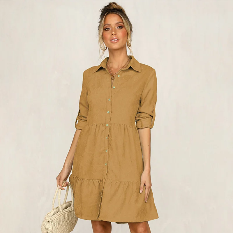 

DUYIT Lapel Single-Breasted Shirt Women's Dress Spring And Autumn New Long-Sleeved Solid Color Woven A-Line Shirt Skirt