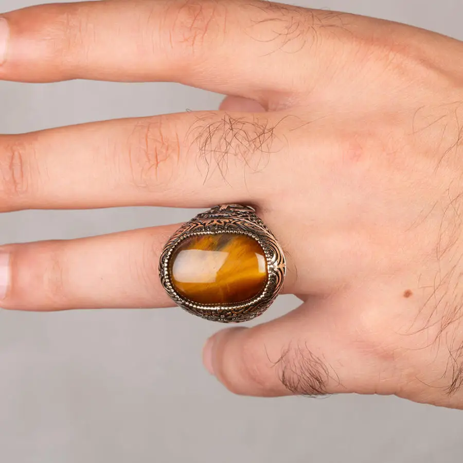 Bague en argent regardé 925 avec pierre d'oeil de tigre marron pour homme, grand motif oman sur les côtés, design inhabituel, mode de qualité, nouveau