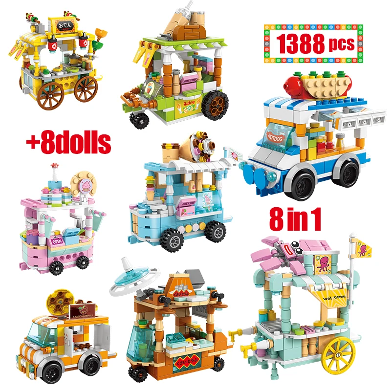

1388pcs City Street View 8 in 1 Ice Cream Hot Dog Car Building Blocks Friends Food Truck Vehicle Figures Brick Toys for Children