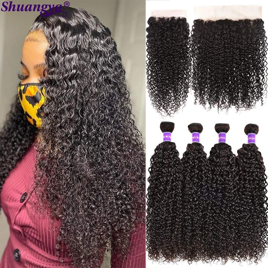 

Kinky Curly Hair Bundles With Frontal Brazilian Curly Human Hair Bundles With Closure Transparent Lace Frontal With Bundles