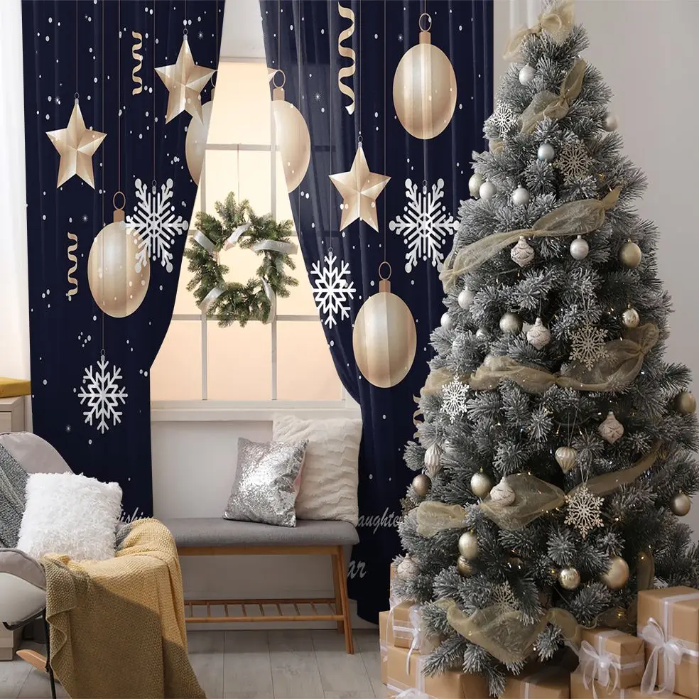 

Curtain New Year Night Decoration Balloons with Snowflakes Stars Celebration Theme Navy Blue Gold White