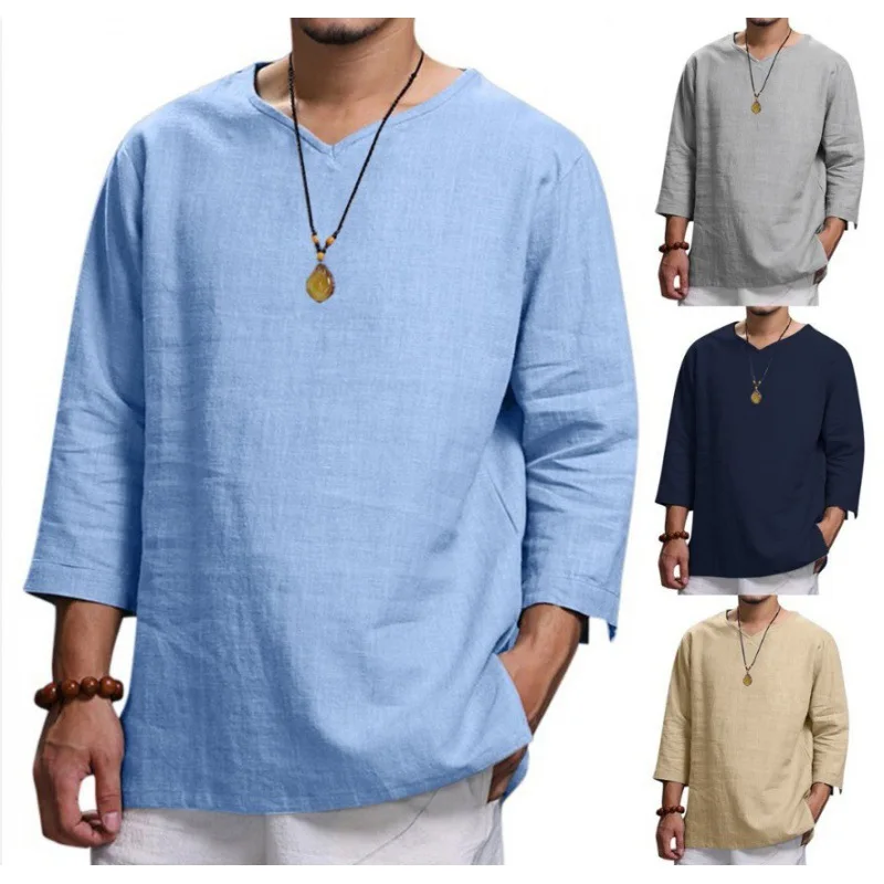 2022 New Men's V Neck Cotton Linen T Shirts Male Breathable Solid Color Long Sleeve Casual Loose Linen T-Shirt Tops M-4XL Run
