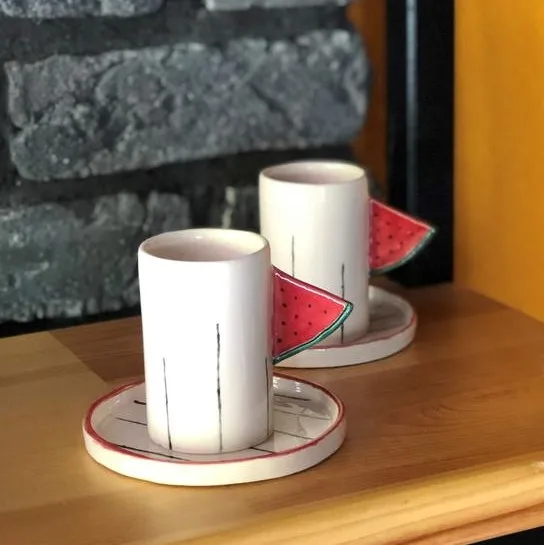 

Watermelon Figured Cup and saucer Espresso Turkish coffee creative mugs white ceramic tea stylish new style cute lovely handmade