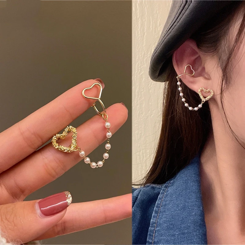 

Korean Cute Pearl Chain Double Heart Stud Earrings For Women Girls Fashion Tassel Ear Line Asymmetric Earrings 2022 Jewelry Gift